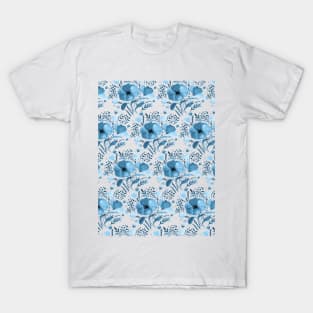 Watercolor poppies bouquet pattern - blue T-Shirt
